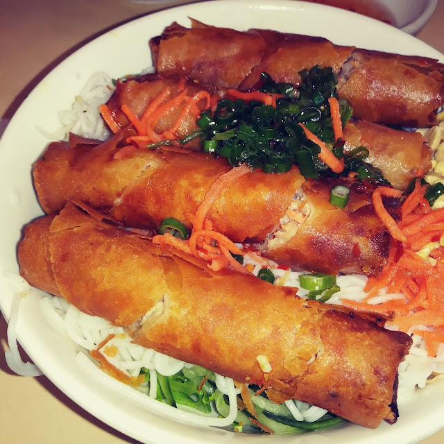 Noodle Bowl with Grilled Shrimp and Spring Rolls