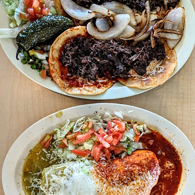 Smothered Brisket Burrito & Barbacoa Quesa Tacos