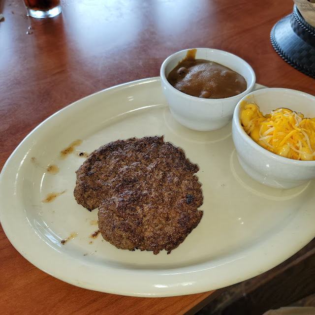 Hamburger Steak with Mashed Potatoes with Gravy and Mac and Cheese