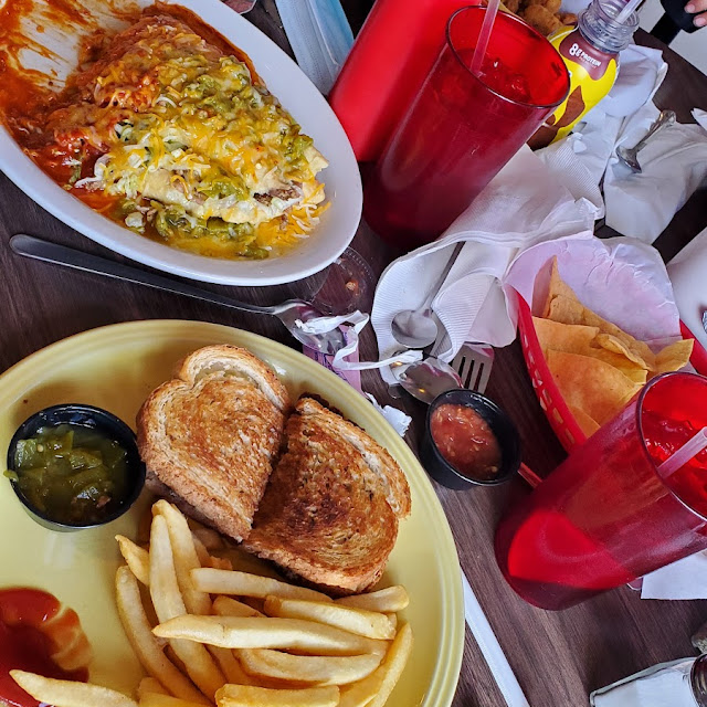 Patty Melt with a Side of Green Chili and Fries