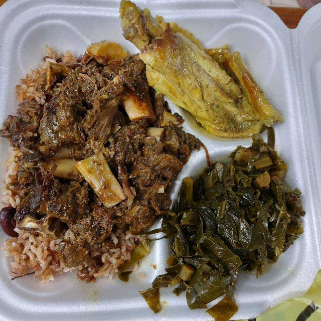 Goat with Red Beans and Rice with Collard Greens and Wing