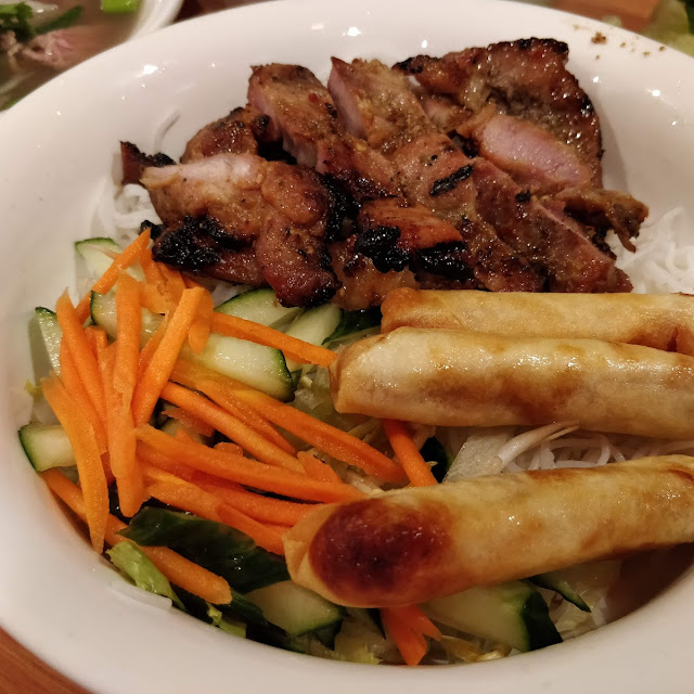 Rice Vermicelli Salad with Grilled Pork and Spring Rolls