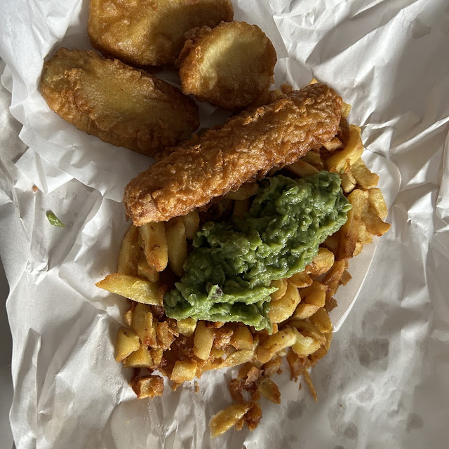 Battered Sausage and Chips with Peas