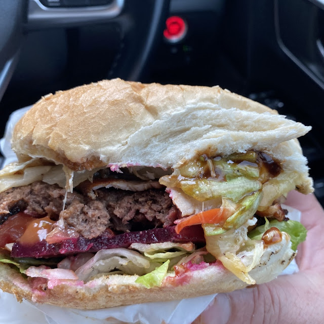 The Works Burger with BBQ Sauce