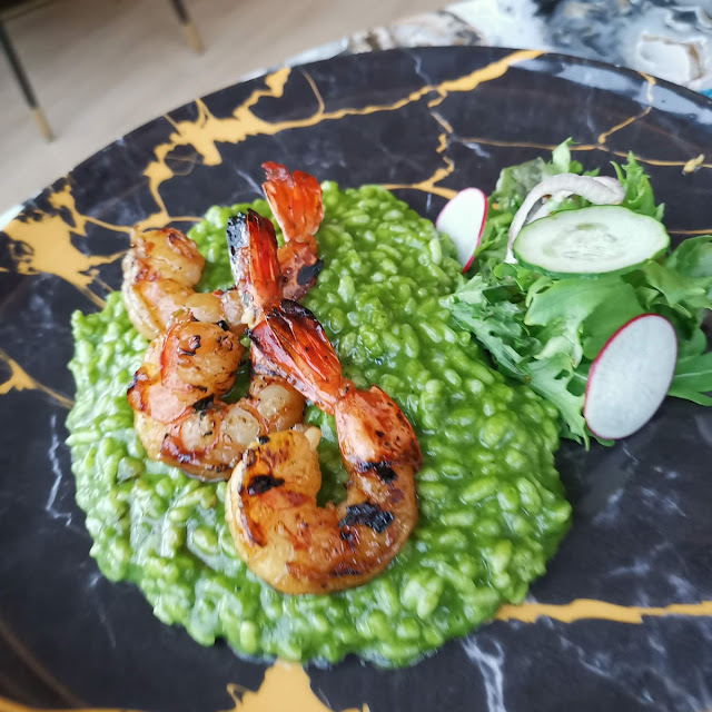 Pesto Risotto with Grilled Prawns