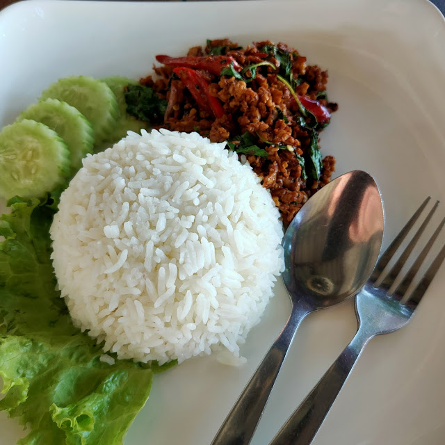 Fried Chicken Pork Beef with Chilli and Basil Leaves on Rice
