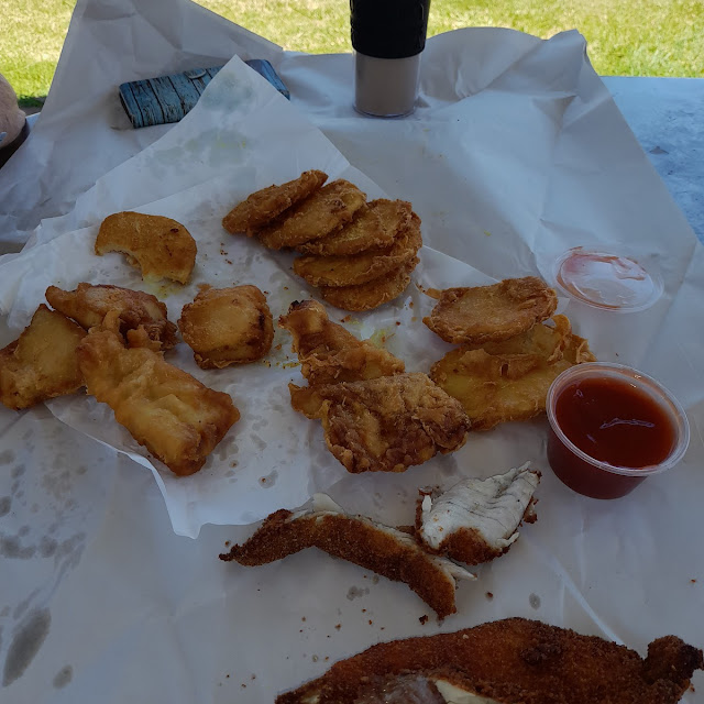 We Had Crumbed Barramundi Fish Bites and Potato Scallops