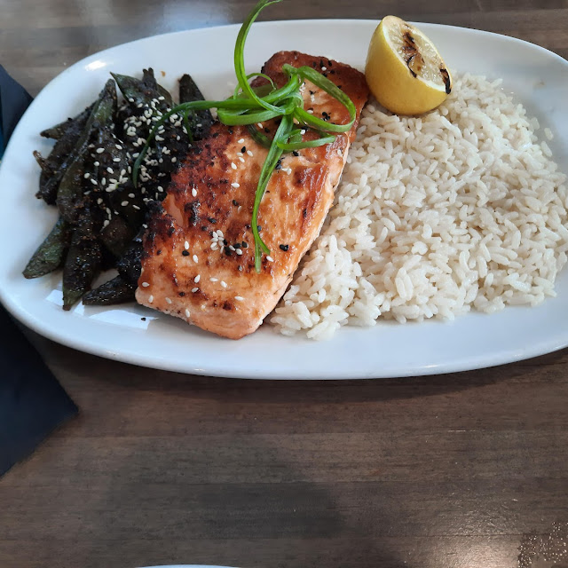 Grilled Salmon Coconut Rice and Green Beans