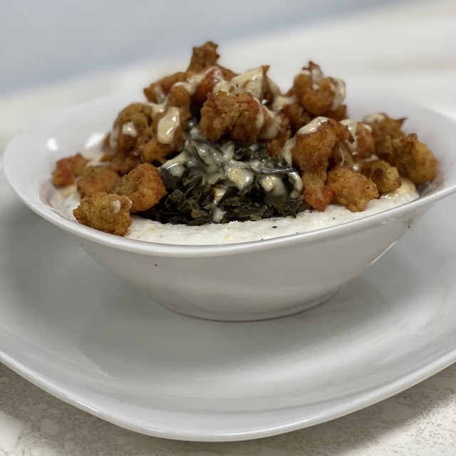 Lightly Fried Crawfish Collards and Grits
