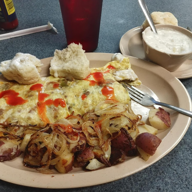 Super Omelet Biscuits and Gravy and Home Fries with Grilled Onions