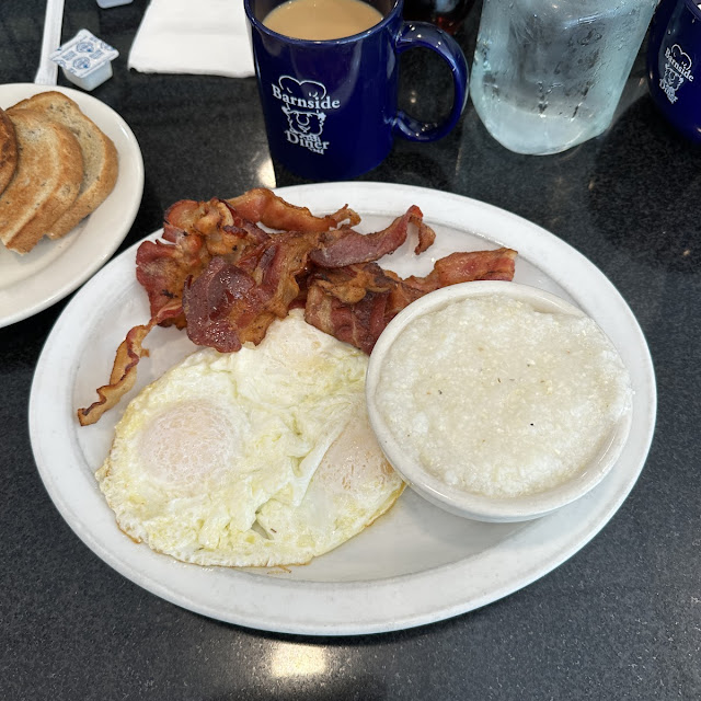 Three Egg Breakfast with Bacon and Grits