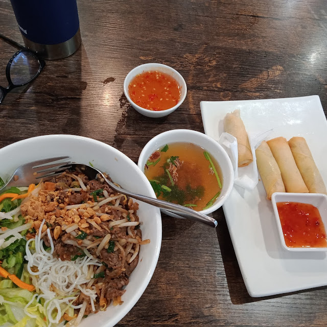 Rice Vermicelli with Shredded Pork and Spring Roll
