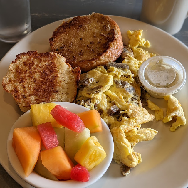 Greek Omelette with Tzatziki Sauce Fruit and a Muffin
