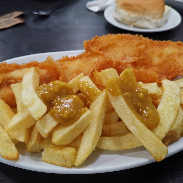Fish Chips and Mushy Peas and Curry Sauce